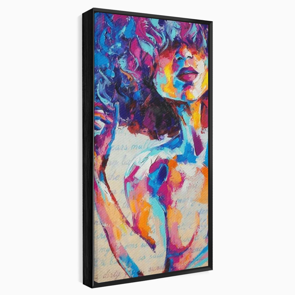 Tablou canvas cu tablou canvas cu portret artistic de femeie, in rama de aluminiu negru